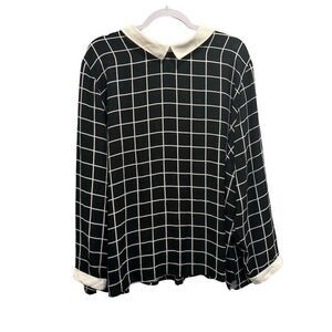 Simply Be Women's Size 28 Black & White Plaid Collared Blouse Long Sleeve